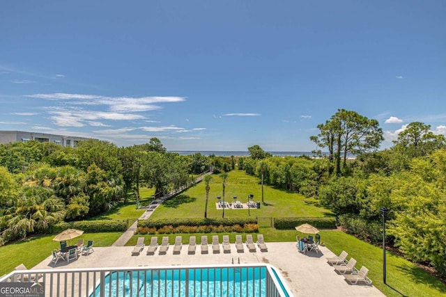 view of swimming pool with a patio area and a yard