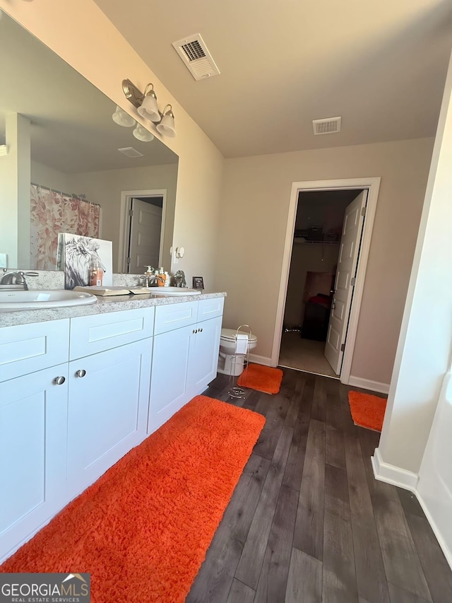 bathroom with hardwood / wood-style floors, vanity, and toilet