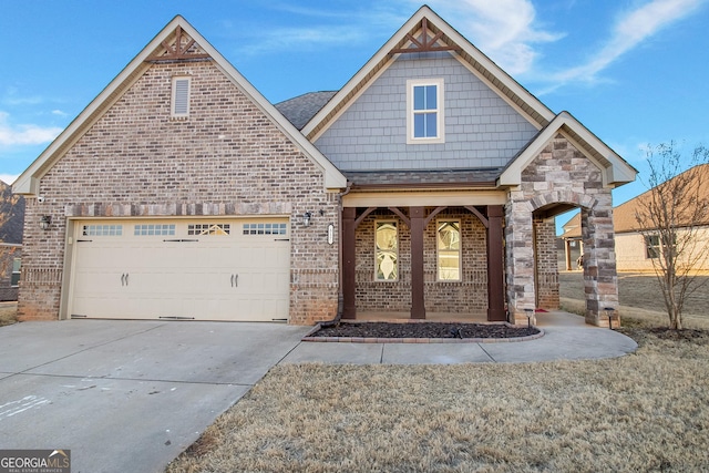 view of front of property with a porch and a garage