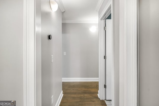 corridor with dark hardwood / wood-style floors and ornamental molding