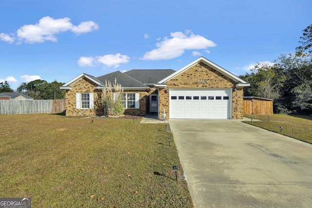 ranch-style house with a garage and a front lawn