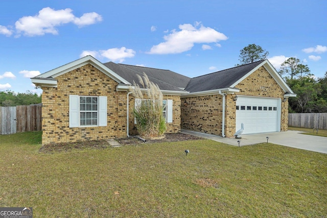 single story home featuring a garage and a front yard