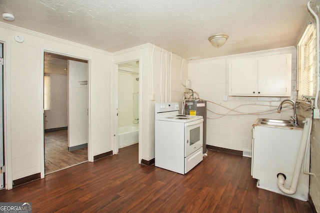 kitchen featuring dark wood-type flooring, sink, electric range, white cabinetry, and washer / clothes dryer