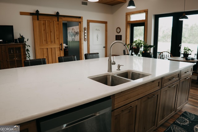 kitchen with sink, a barn door, dark hardwood / wood-style flooring, plenty of natural light, and decorative light fixtures