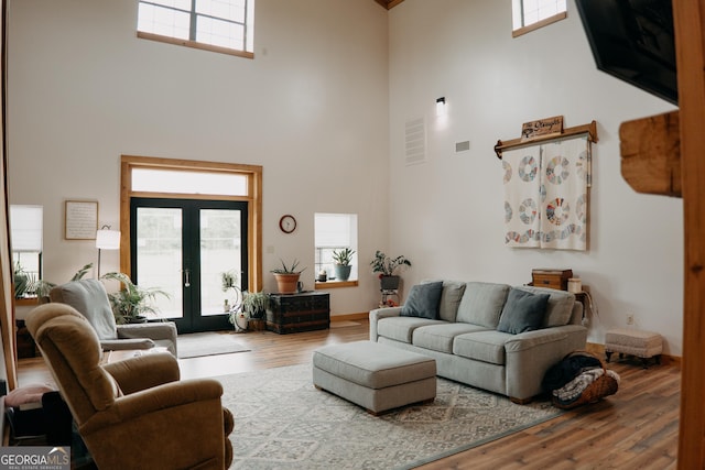 living room featuring hardwood / wood-style floors, a healthy amount of sunlight, and a high ceiling