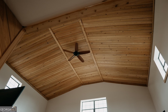 room details with beam ceiling, ceiling fan, and wood ceiling