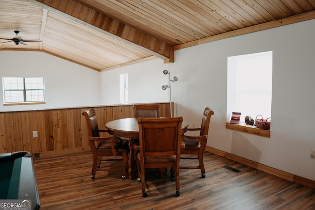 dining area featuring wood ceiling, wood walls, dark hardwood / wood-style flooring, and lofted ceiling with beams