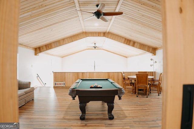 game room with vaulted ceiling with beams, ceiling fan, wood walls, and pool table