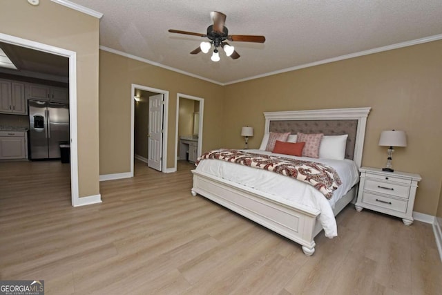bedroom featuring ceiling fan, stainless steel fridge with ice dispenser, light hardwood / wood-style flooring, crown molding, and a textured ceiling