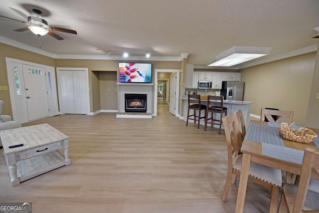 living room with a textured ceiling, light wood-type flooring, track lighting, and crown molding