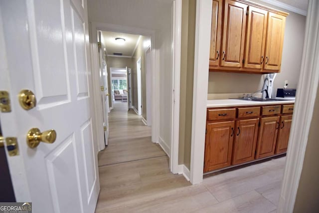hall with crown molding, light wood-type flooring, and sink