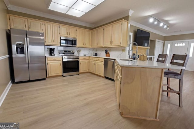 kitchen with sink, kitchen peninsula, light hardwood / wood-style floors, a breakfast bar, and appliances with stainless steel finishes