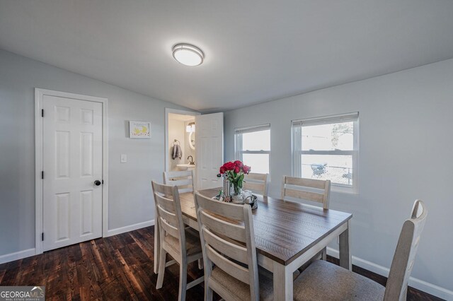 dining room featuring lofted ceiling and dark wood-type flooring