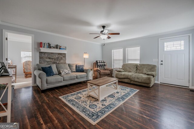 living room with a wealth of natural light, dark hardwood / wood-style flooring, and crown molding