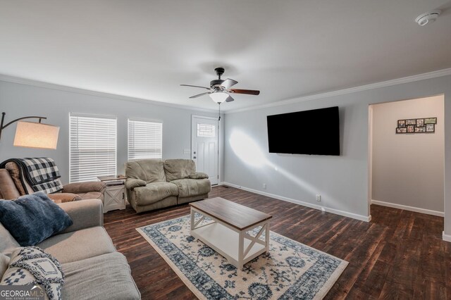 living room featuring crown molding, ceiling fan, and dark wood-type flooring