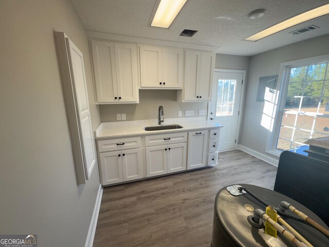 kitchen featuring light hardwood / wood-style flooring, white cabinetry, a skylight, and sink