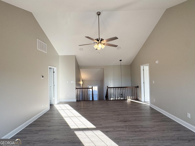 429 Deens Landing Rd, Baxley, GA 31513 - unfurnished room featuring high vaulted ceiling, a ceiling fan, baseboards, and dark wood-style flooring
