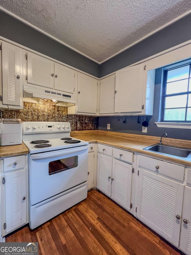 kitchen with white cabinetry, sink, white electric range oven, tasteful backsplash, and dark hardwood / wood-style floors