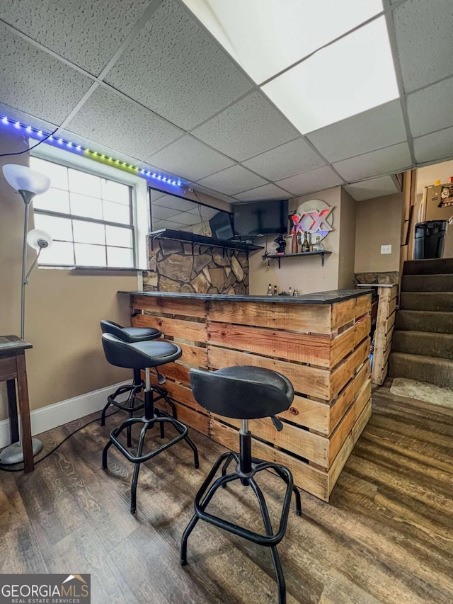 bar featuring a paneled ceiling and dark hardwood / wood-style flooring