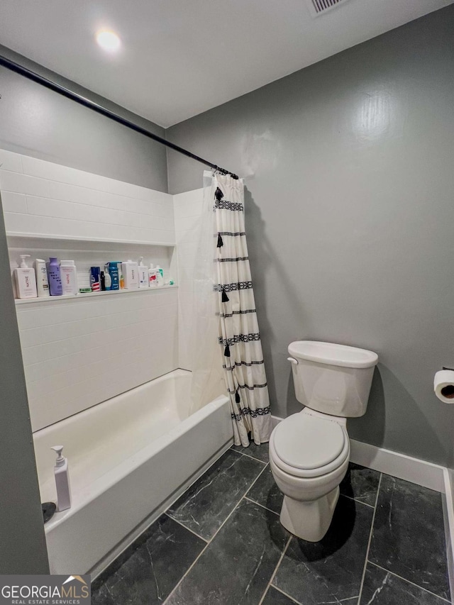 bathroom with toilet and shower / bathtub combination with curtain