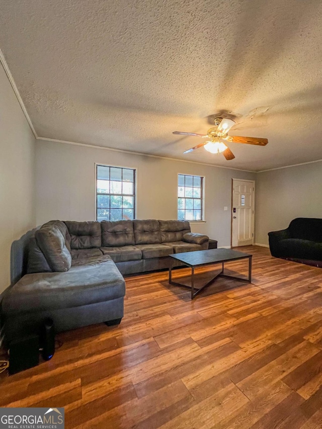 living room featuring hardwood / wood-style floors, a textured ceiling, ceiling fan, and ornamental molding