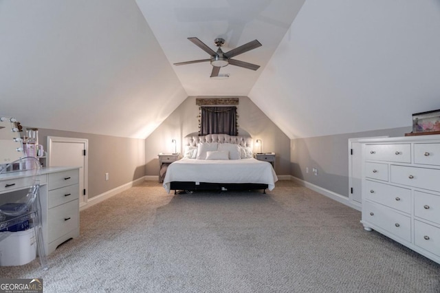 bedroom with light carpet, lofted ceiling, and ceiling fan