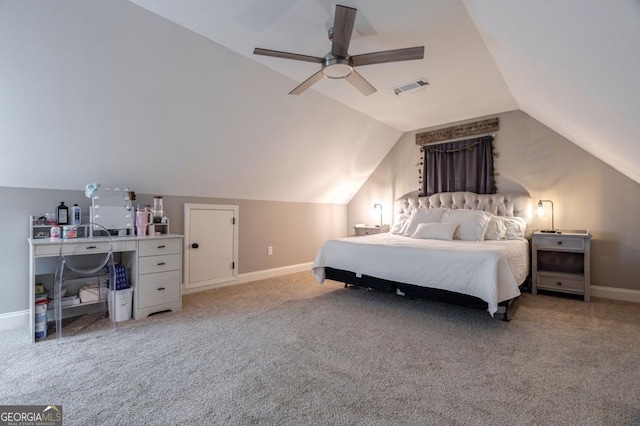 bedroom featuring lofted ceiling, carpet flooring, and ceiling fan