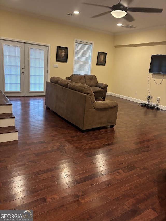 living room featuring dark wood-style floors, ceiling fan, french doors, and visible vents