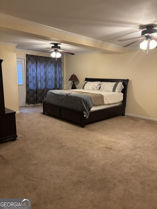 bedroom with baseboards, ornamental molding, a ceiling fan, and light colored carpet