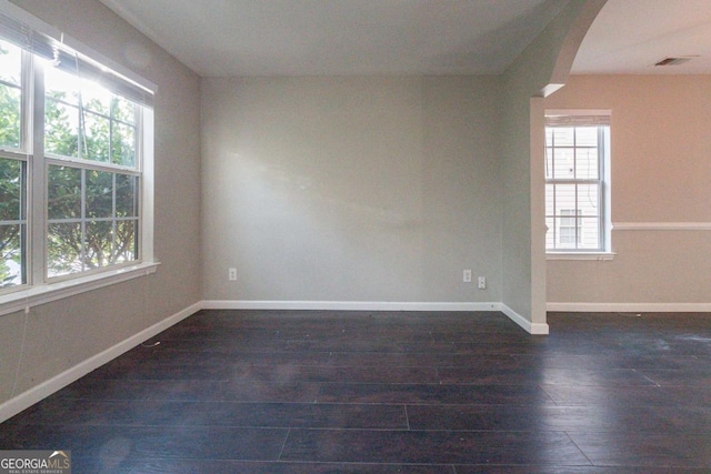 empty room with a healthy amount of sunlight and dark wood-type flooring