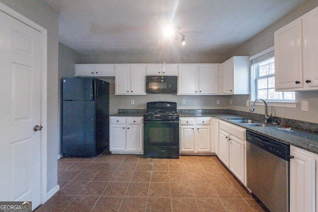 kitchen featuring white cabinets, sink, and black appliances