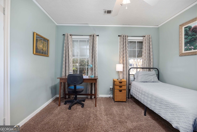 bedroom featuring carpet, a textured ceiling, and ceiling fan