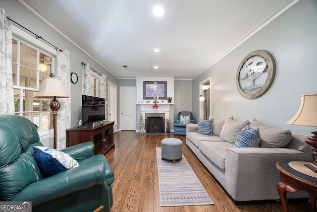 living room featuring a large fireplace, crown molding, and hardwood / wood-style floors