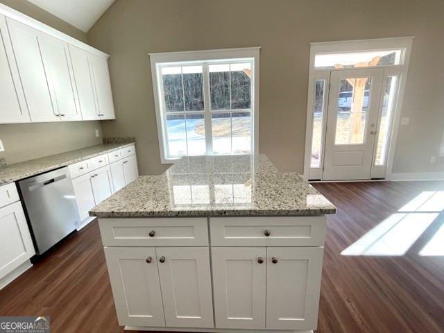 kitchen with white cabinetry, a healthy amount of sunlight, stainless steel dishwasher, and dark hardwood / wood-style floors