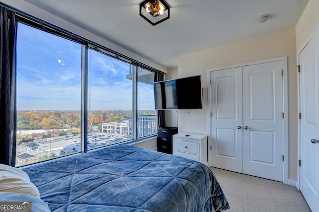 bedroom with light colored carpet and a closet