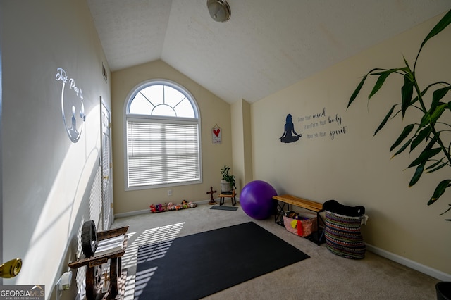 workout area with carpet, a textured ceiling, and lofted ceiling