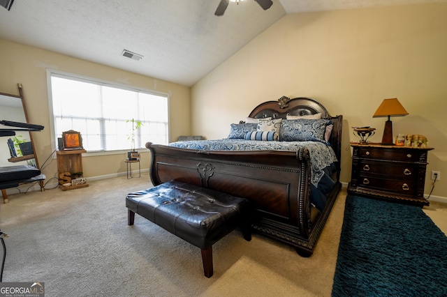 carpeted bedroom featuring ceiling fan and lofted ceiling