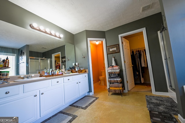 bathroom with vanity, a textured ceiling, toilet, and a shower with door