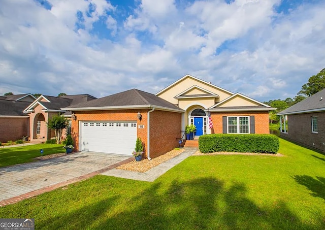 ranch-style house with a front yard and a garage