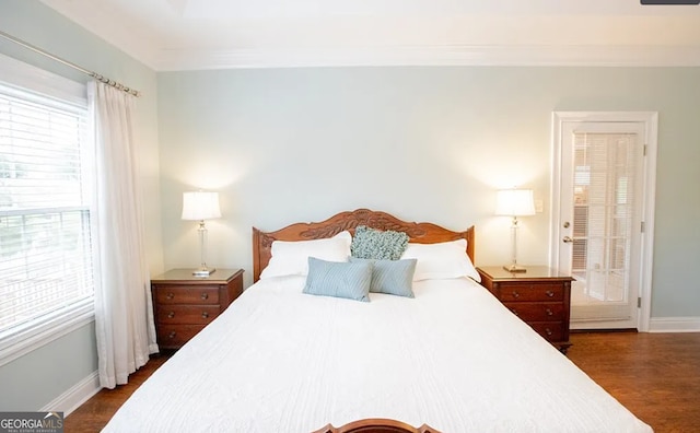 bedroom featuring ornamental molding and dark wood-type flooring