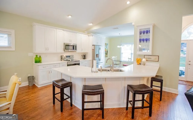 kitchen featuring a healthy amount of sunlight, a kitchen bar, stainless steel appliances, and vaulted ceiling