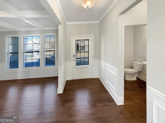 entryway featuring beamed ceiling, dark hardwood / wood-style floors, crown molding, and coffered ceiling