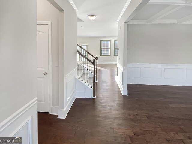 hall featuring dark hardwood / wood-style floors and ornamental molding