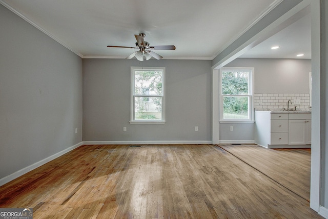 unfurnished room with light hardwood / wood-style flooring, plenty of natural light, ornamental molding, and sink