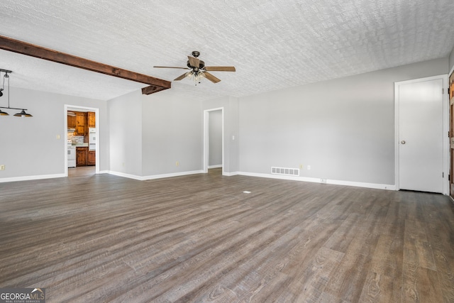 unfurnished living room featuring a ceiling fan, beamed ceiling, wood finished floors, and visible vents