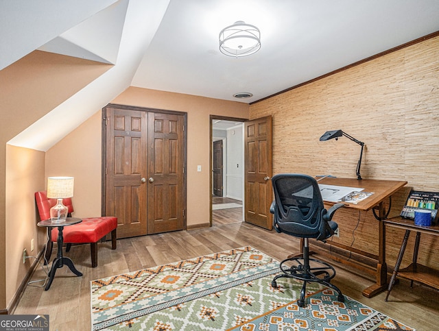 office with wood finished floors and baseboards