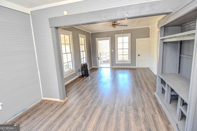 interior space featuring dark hardwood / wood-style floors, ceiling fan, and crown molding