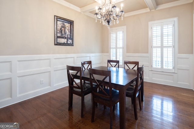 dining room with crown molding, an inviting chandelier, dark hardwood / wood-style floors, and beam ceiling