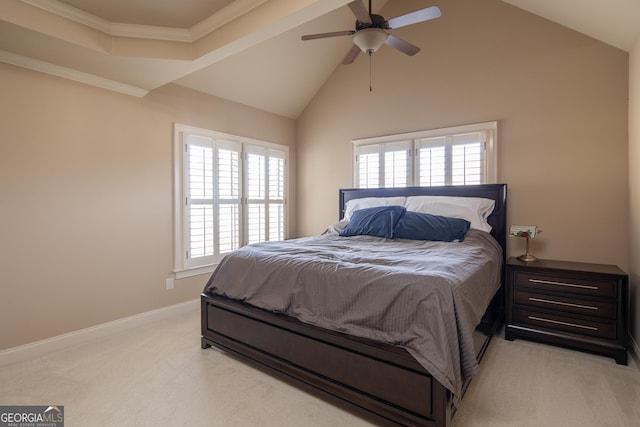 bedroom with ceiling fan, lofted ceiling, ornamental molding, and light carpet