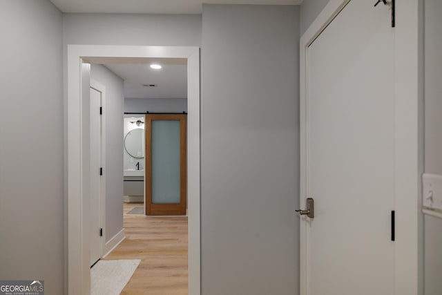 hallway featuring a barn door, light hardwood / wood-style flooring, and sink